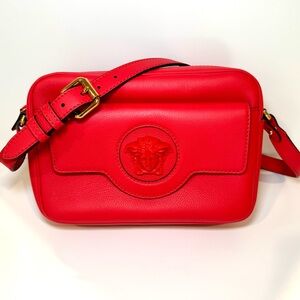 Versace Medusa Logo Crossbody Camera Bag In Red Grained Calfskin Leather